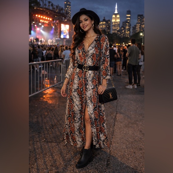 Mango Dresses & Skirts - Mango Snake Print Maxi Shirt Dress V-Neck Long Sleeve